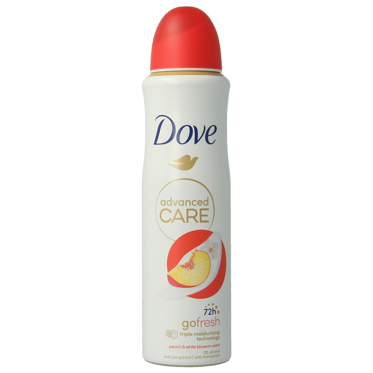 Dove Go Fresh Peach deodorant spray bottle, 150ml, with peach scent and sleek design, suitable for daily freshness and odor protection.