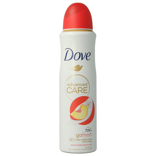 Dove Go Fresh Peach deodorant spray bottle, 150ml, with peach scent and sleek design, suitable for daily freshness and odor protection.