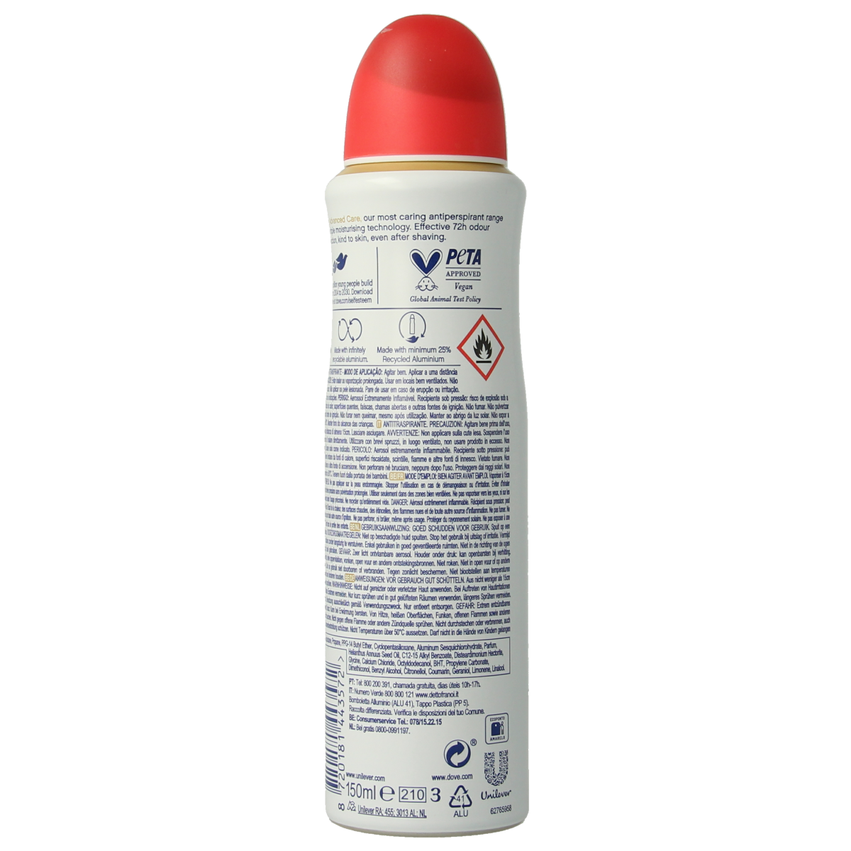 Dove Go Fresh Peach deodorant spray bottle, 150ml, with peach scent and sleek design, suitable for everyday freshness.