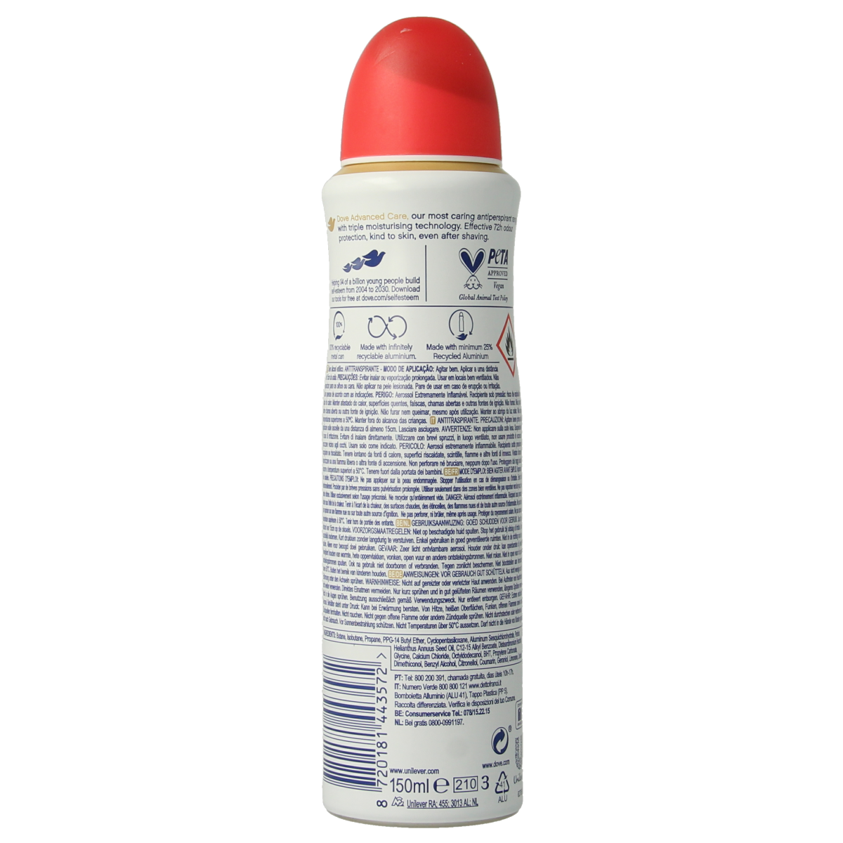 Dove Go Fresh Peach deodorant spray bottle, 150ml, with peach scent and clear packaging, on a white background.