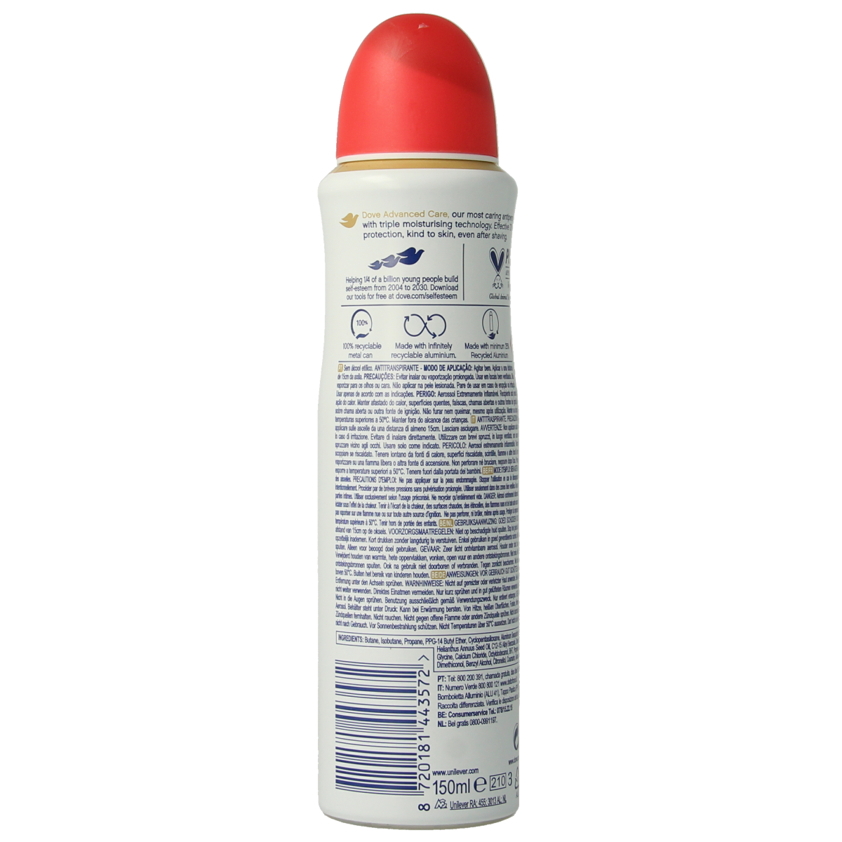 Dove Go Fresh Peach deodorant spray bottle, 150ml, with peach scent and clear spray nozzle, shown in a close-up image.