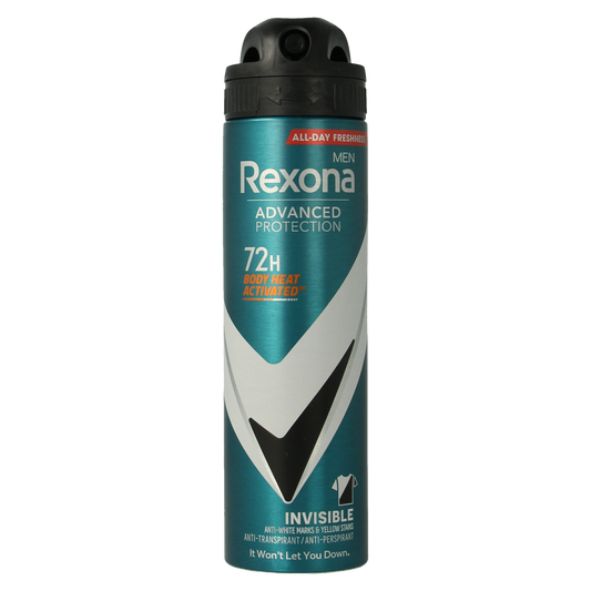 Rexona Invisible Black & White deodorant spray bottle, 150ml, with black and white design and spray nozzle visible.