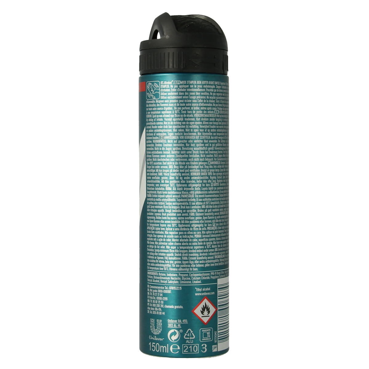 Rexona Invisible Black & White deodorant spray in 150ml, showing the sleek black and white bottle with spray nozzle.