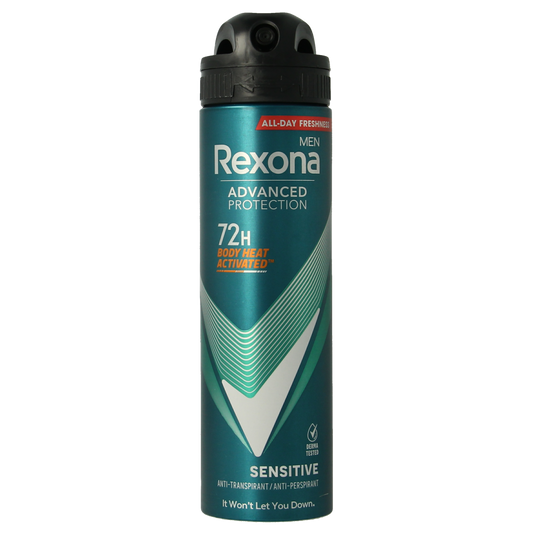 Rexona Sensitive Deodorant Spray 72h, 150ml bottle with aerosol nozzle, designed for gentle and long-lasting freshness.