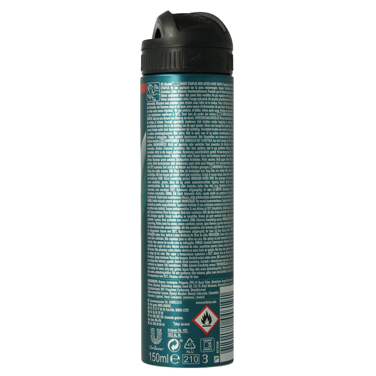 Rexona sensitive deodorant spray 72h, 150ml bottle, with a white cap and clear label showing the Rexona logo and product details.