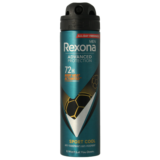 Rexona Sport Cool 72h deodorant spray bottle, 150ml, with blue and silver packaging and spray nozzle visible.