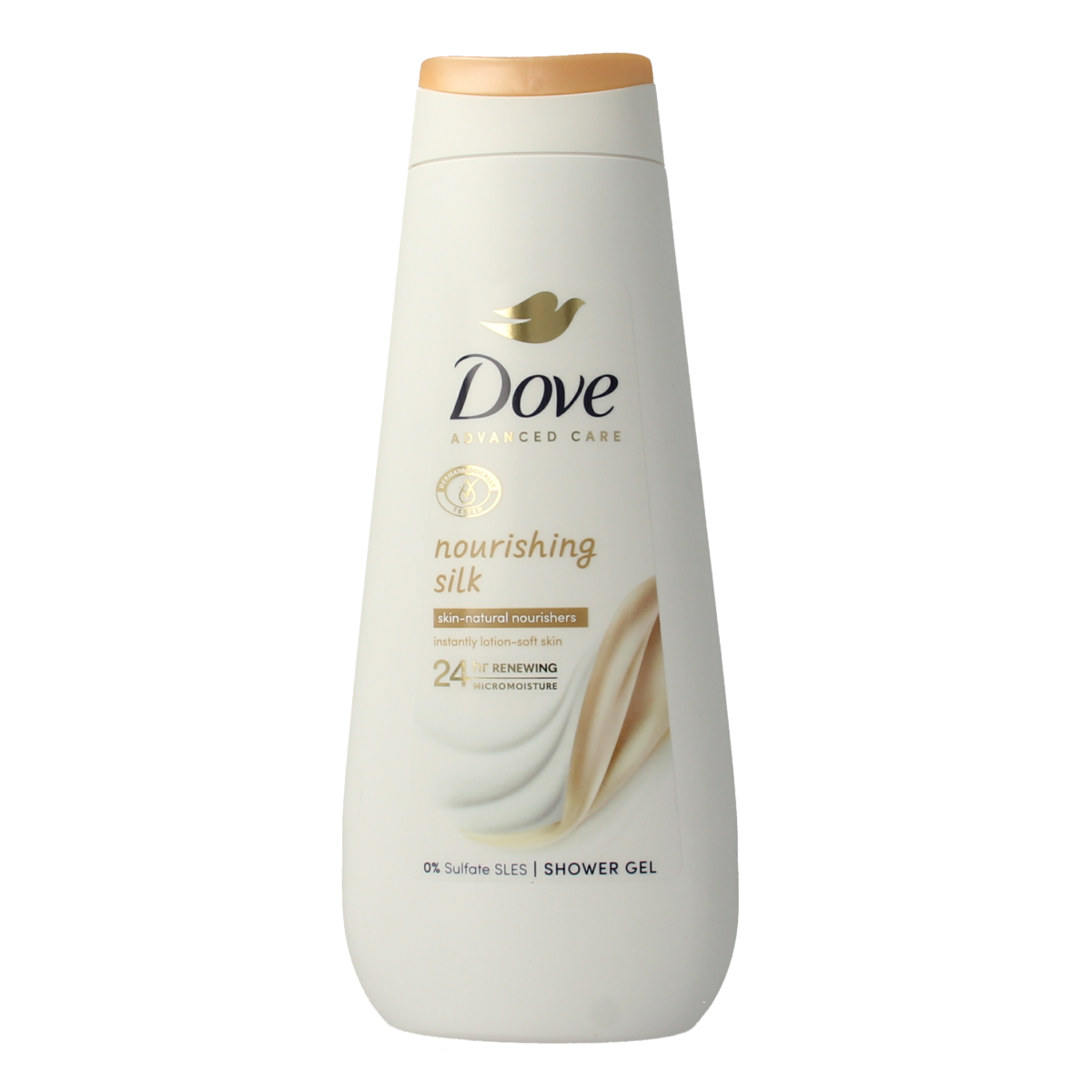Dove Shower Advanced Nourishing Silk bad en douche bottle, 400ml, with smooth, moisturizing formula for nourishing skin.