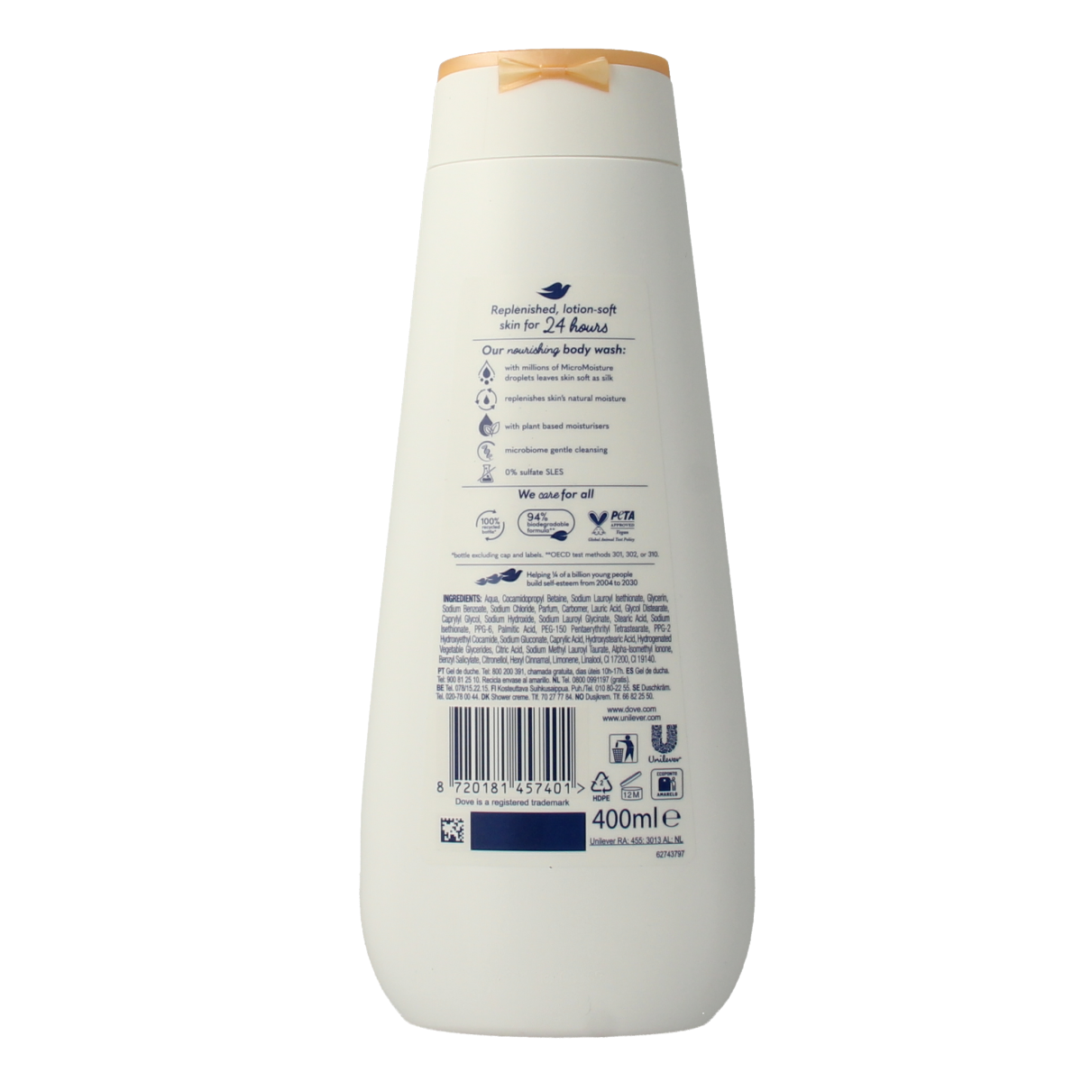Dove Shower Advanced Nourishing Silk bad en douche bottle, 400ml, with creamy white liquid visible in the transparent container.