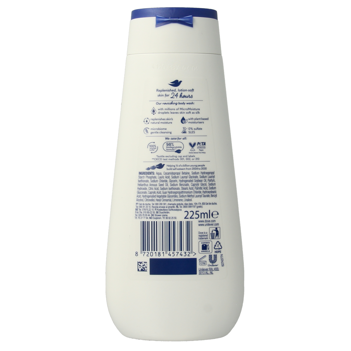 Dove Advanced Deep Nourish shower gel in a 225ml bottle, suitable for moisturizing and nourishing skin during showering.