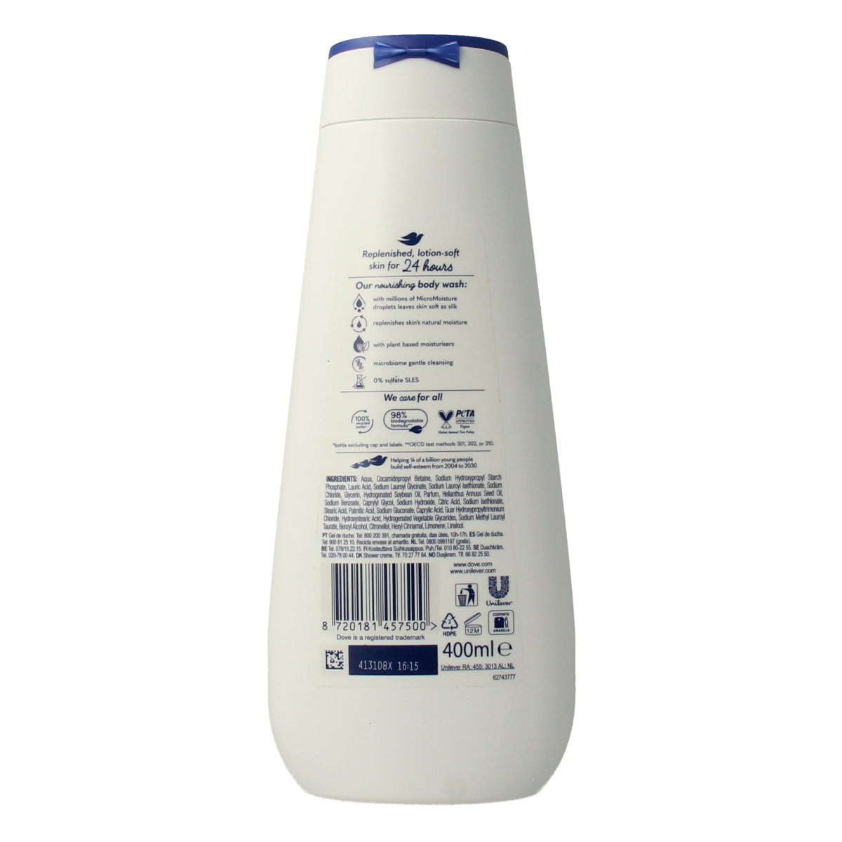 Dove Shower Advanced Deep Nourishing body wash in a 400ml bottle with a white and blue label, shown in a bathroom setting