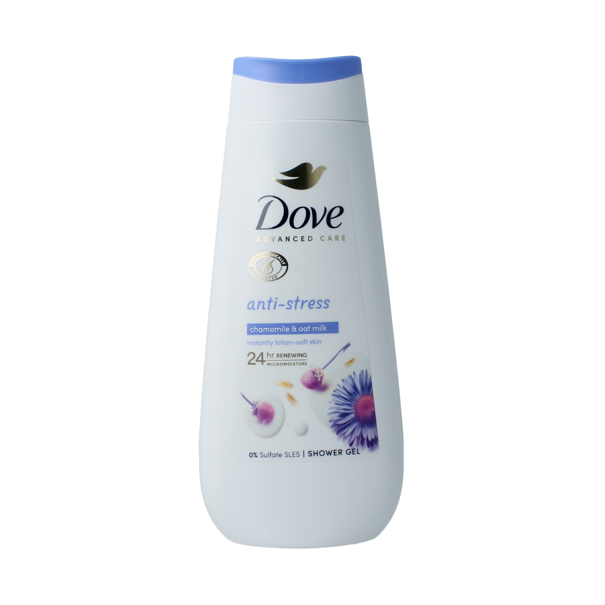 Dove Shower Advanced Anti-Stress body wash in 225ml bottle with blue and white packaging, suitable for calming skin during shower.