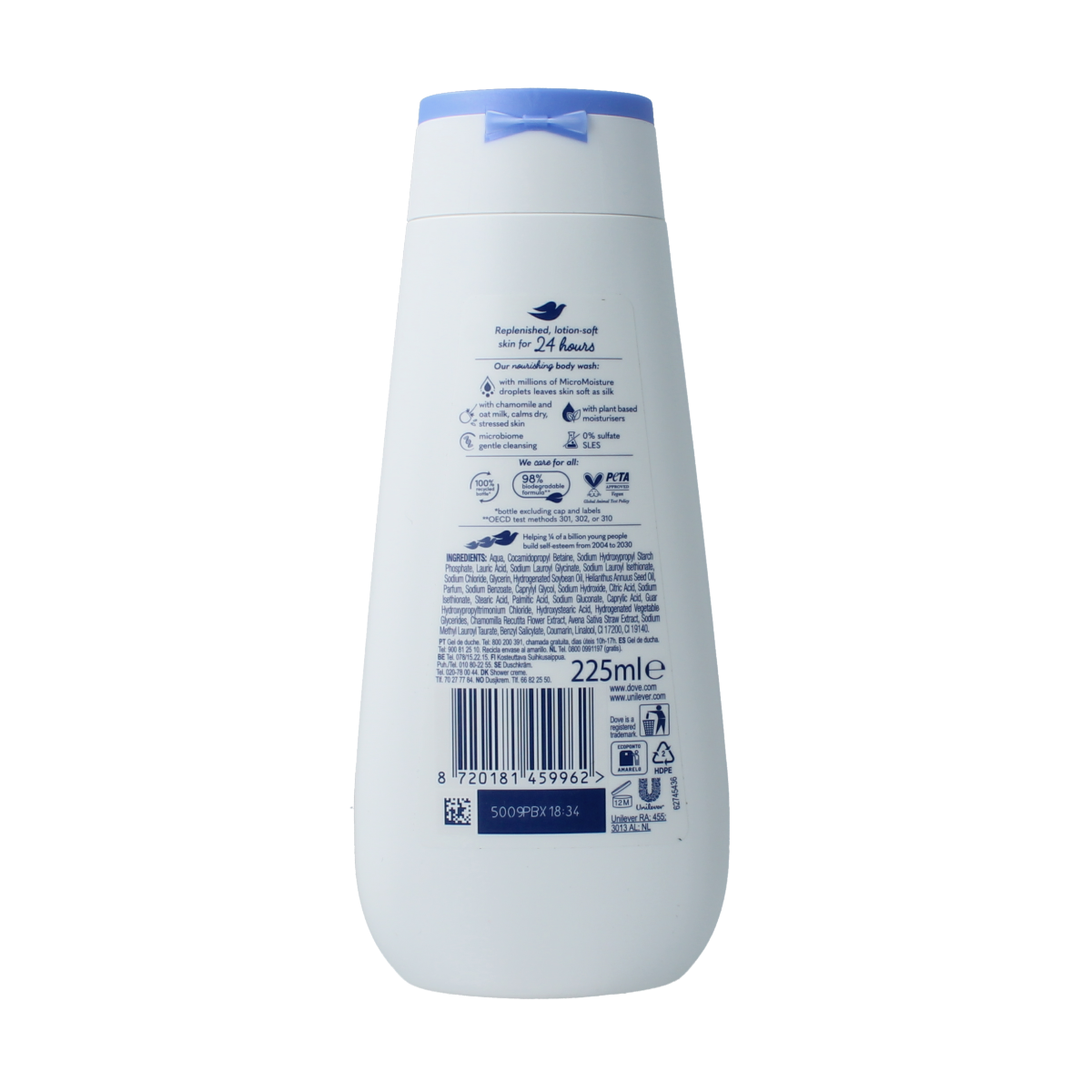 Dove Advanced Anti-Stress Shower Gel 225ml in a clear bottle, with a light blue label and pump dispenser, on a white background.