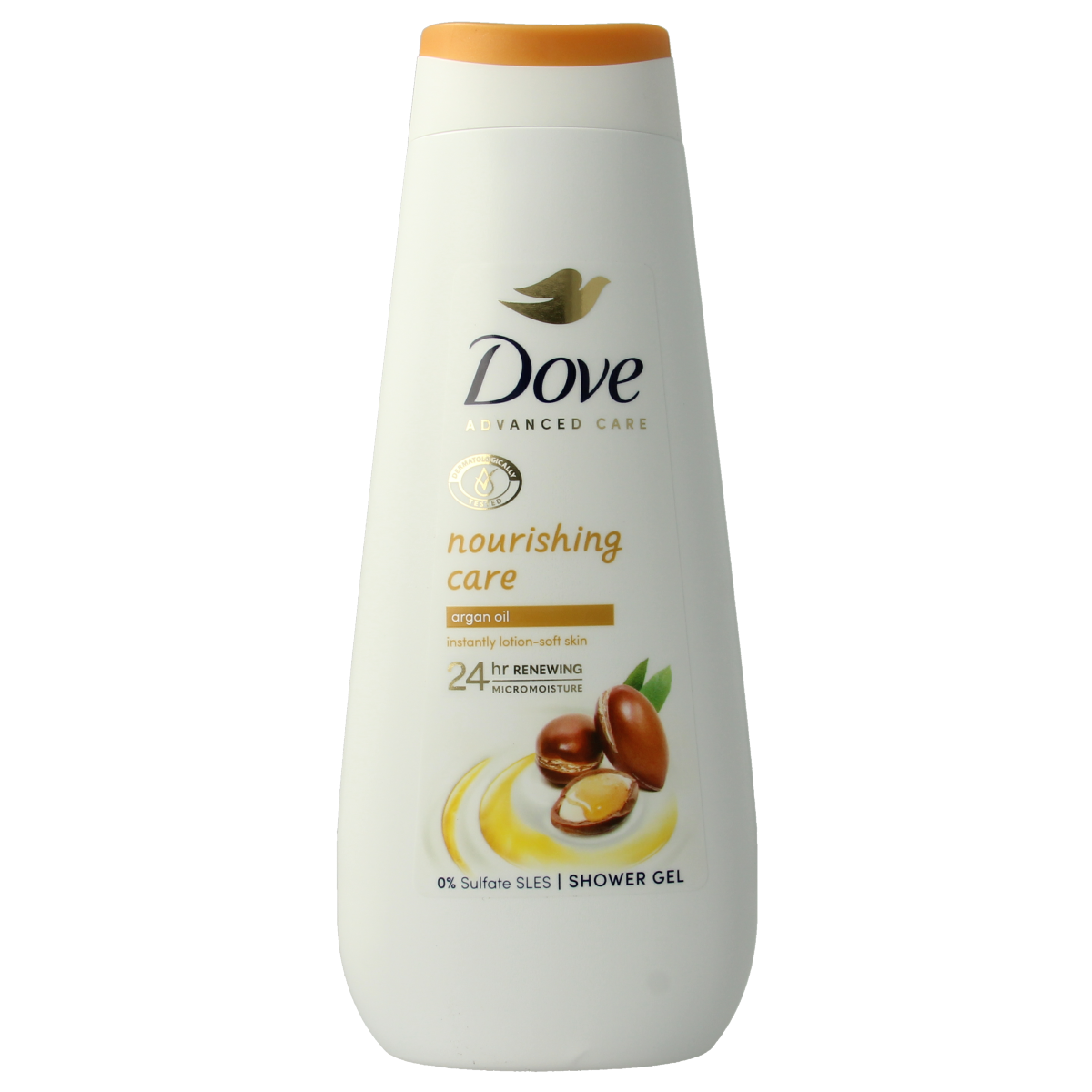 Dove Shower Advanced Nourish Care bottle, 400ml, moisturizing body wash with nourishing formula in a white pump bottle.