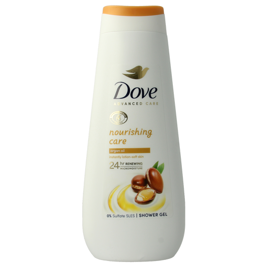 Dove Shower Advanced Nourish Care bottle, 400ml, moisturizing body wash with nourishing formula in a white pump bottle.