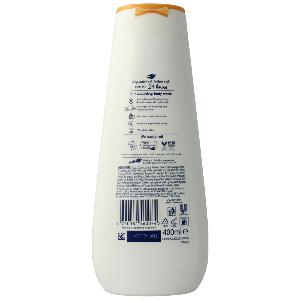Dove Advanced Nourish Care shower gel in a 400ml bottle, with white and blue packaging, for nourishing skin during shower.