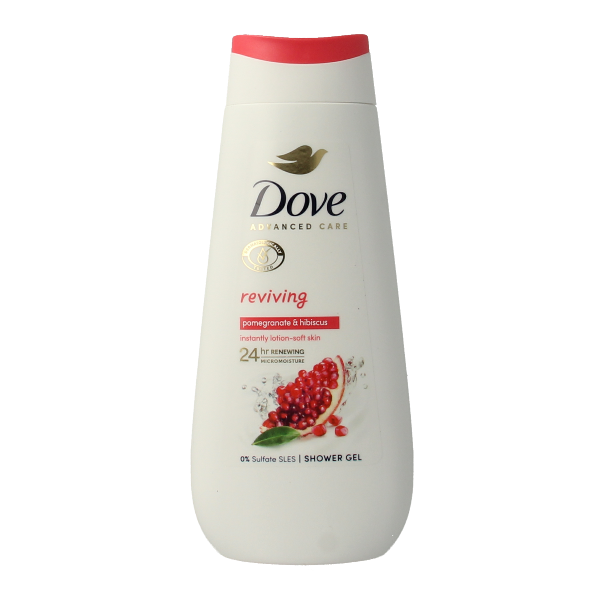 Dove Reviving Shower Gel 225ml bottle with blue label and pump dispenser, designed for revitalizing skin during shower.