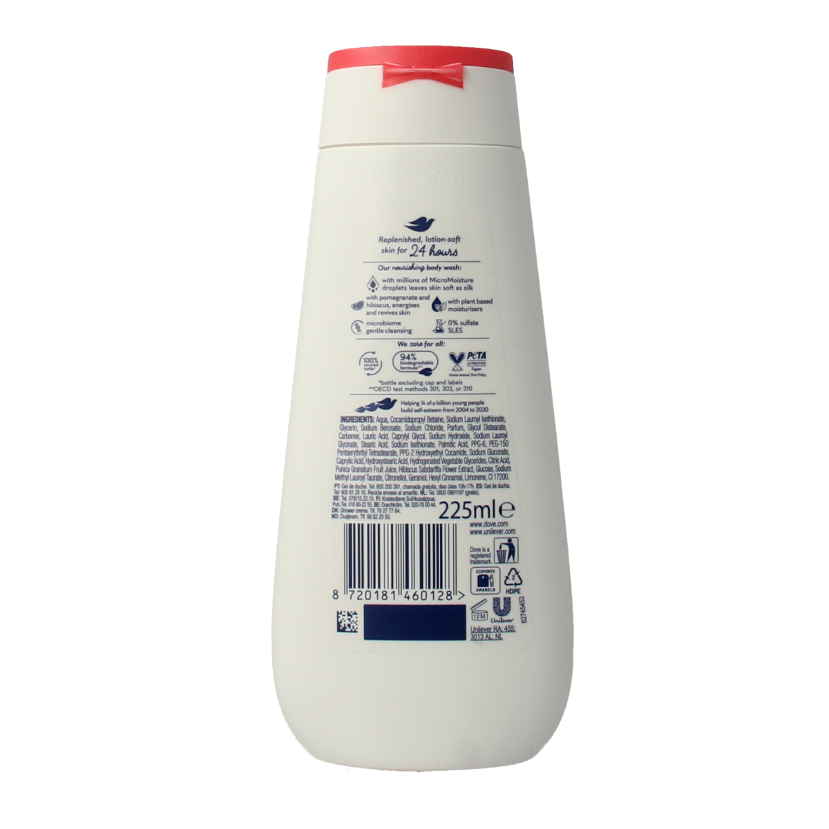 Dove Reviving Shower Gel in 225ml bottle, creamy texture, with a refreshing scent, suitable for daily use in a bathroom setting.