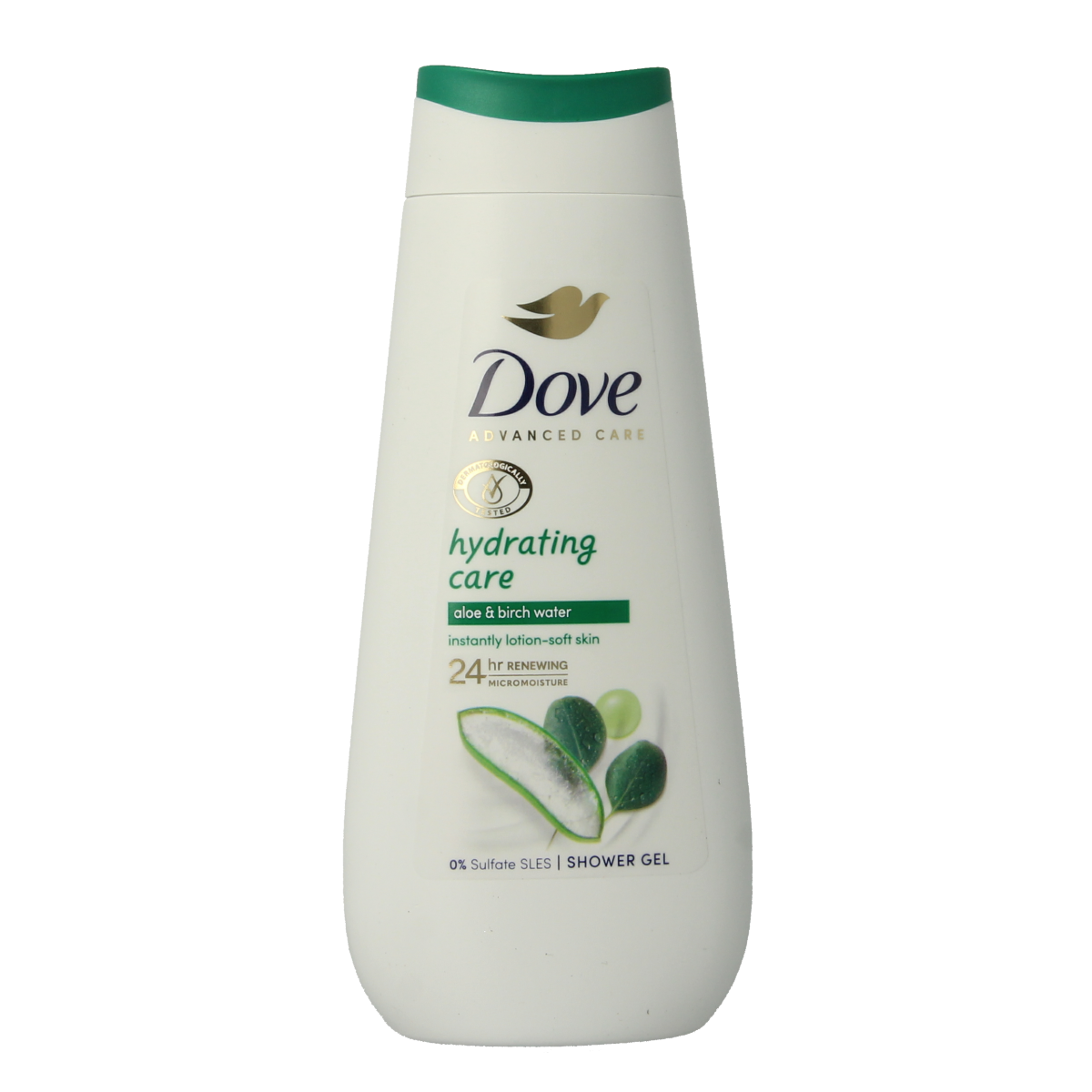 Dove Advanced Hydrating Shower Gel in 225ml bottle, creamy white liquid with Dove branding, for nourishing skin during shower.