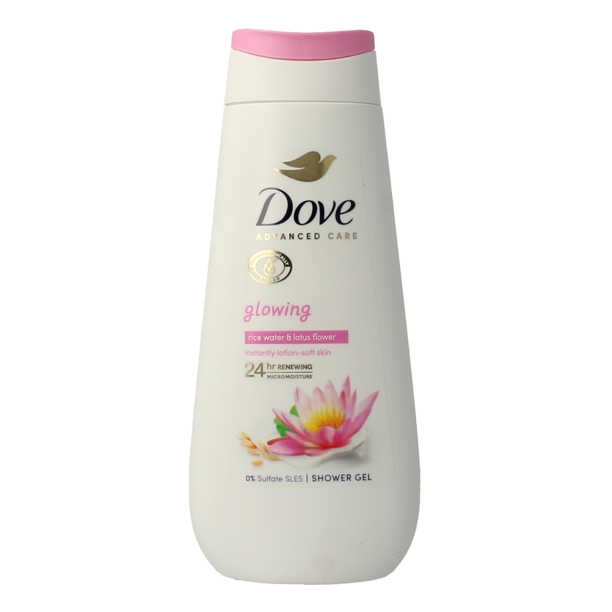 Dove Shower Care by Nature Glowing 225ml bottle, natural ingredients, moisturizing bad en douche product with soft, glowing skin effect