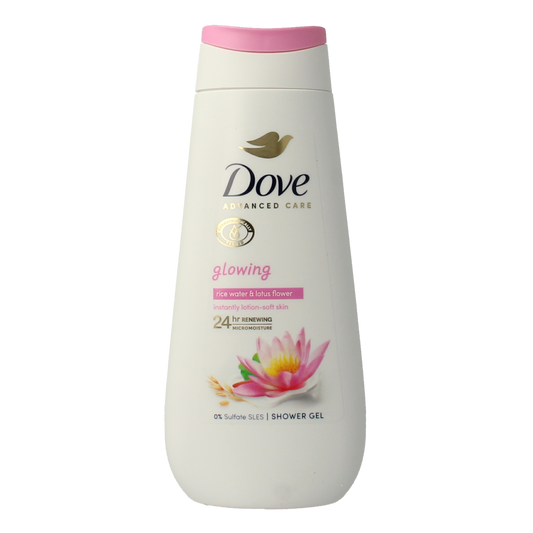 Dove Shower Care by Nature Glowing 225ml bottle, natural ingredients, moisturizing bad en douche product with soft, glowing skin effect