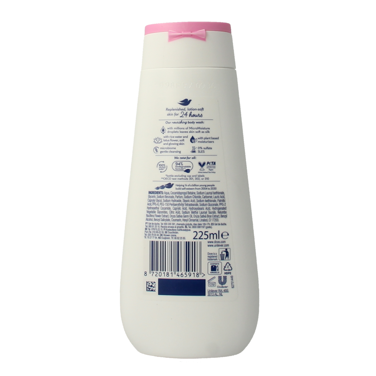 Dove Shower Care by Nature Glowing bad en douche 225ml bottle with product label and cap visible.