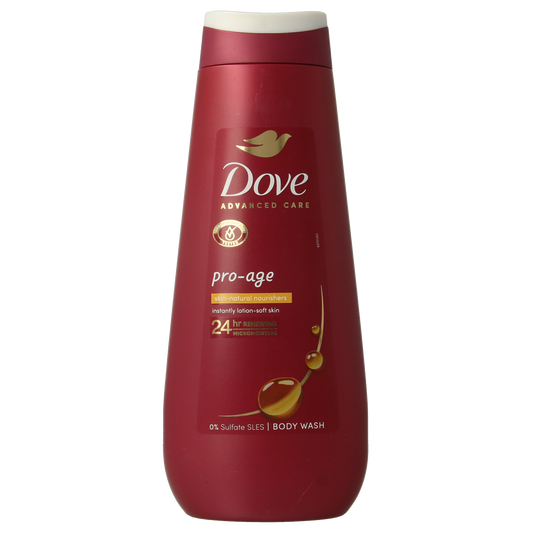 Dove Advanced Pro Age shower gel 400ml bottle, moisturizing body wash for mature skin, with a clean, white and silver design.