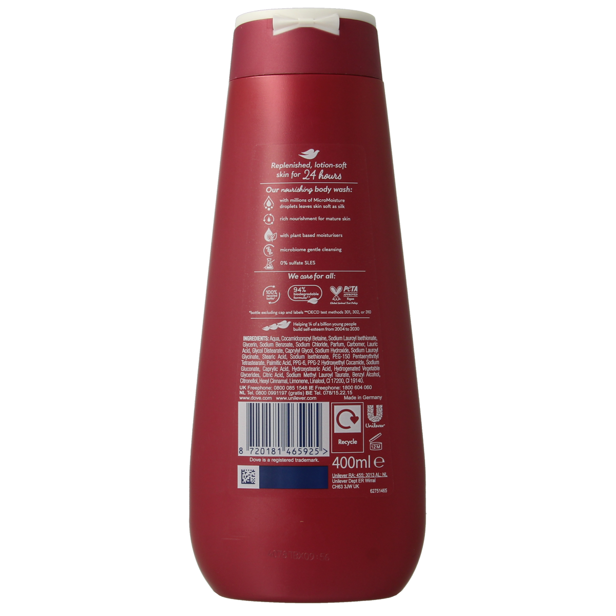 Dove Advanced Pro Age shower gel in 400ml bottle, moisturizing body wash for mature skin, with smooth and nourishing formula.