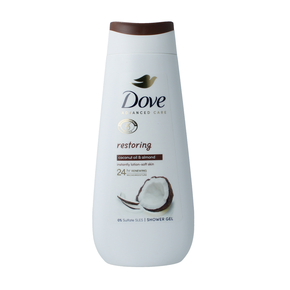 Dove Shower Care by Nature Restoring 225ml bottle with label, featuring white and blue packaging for nourishing body wash.