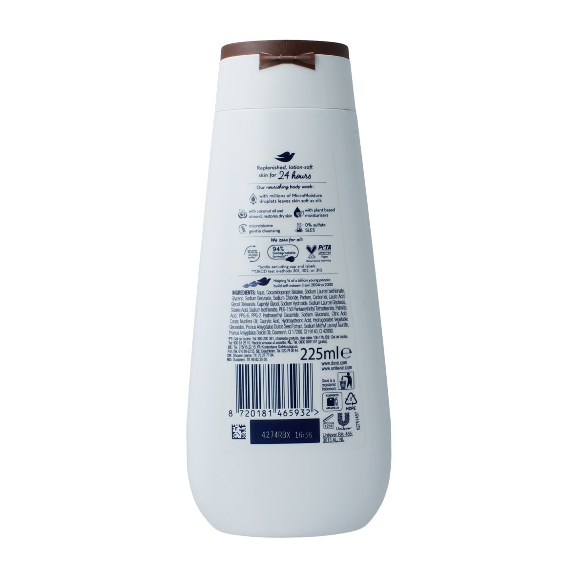 Dove Shower Care by Nature Restoring 225ml bottle, soft textured bad en douche with calming design and Dove branding.