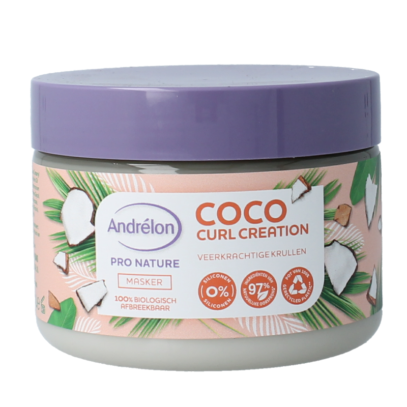 Andrelon Coco Curl Creation hair mask in 300ml jar, featuring nourishing coconut formula for curly hair care.