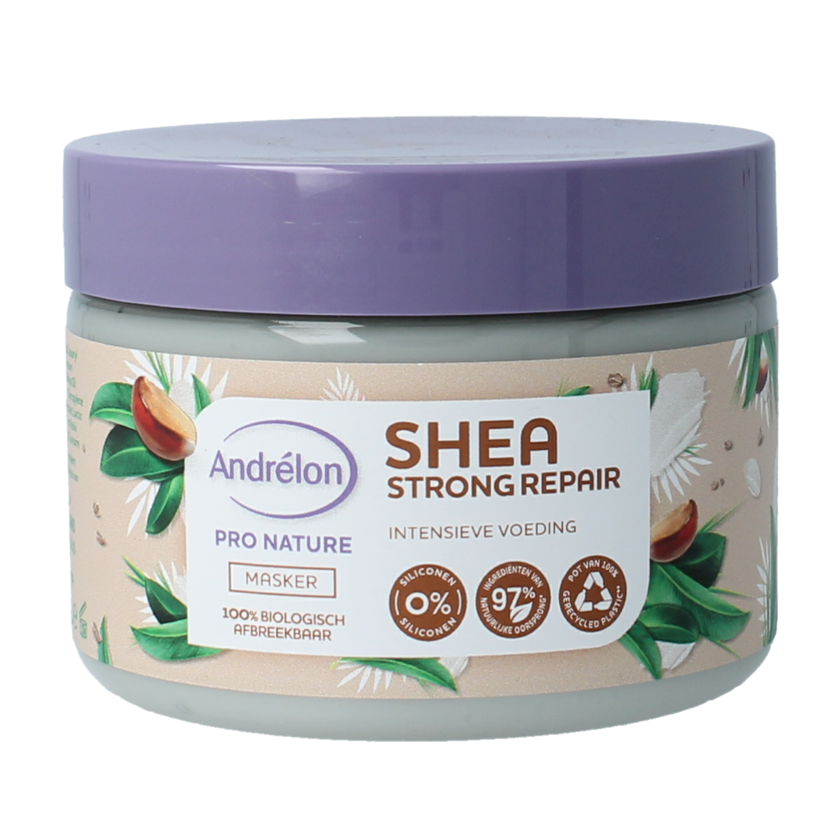 Andrelon Shea Strong Hair Mask 300ml, nourishing hair treatment in a white jar with a blue lid, designed for healthy hair.