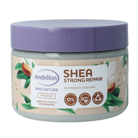 Andrelon Shea Strong Hair Mask 300ml, nourishing hair treatment in a white jar with a blue lid, designed for healthy hair.