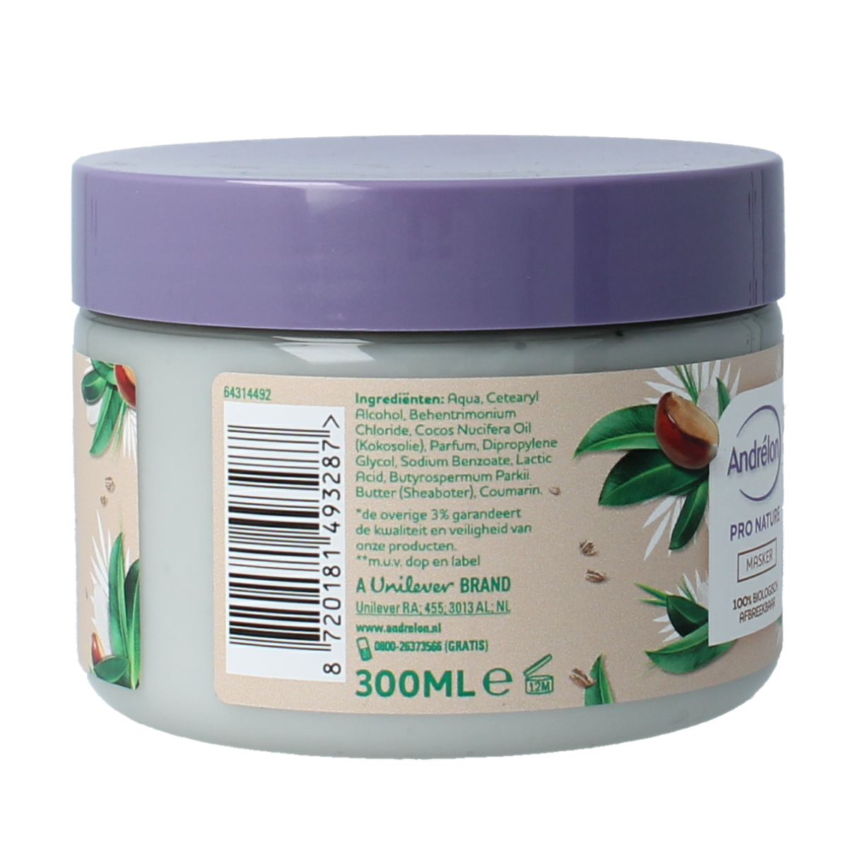 Andrelon Shea Strong Hair Mask in 300ml jar, nourishing hair care product for damaged or dry hair, natural shea ingredients.