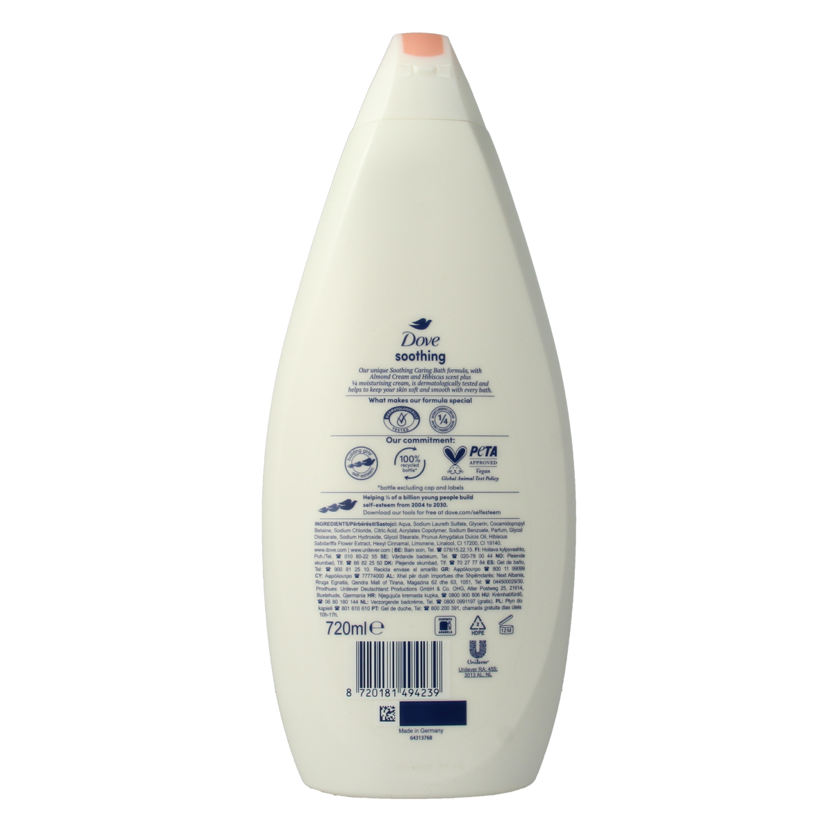 Dove Almond Cream shower gel bottle, 720ml, with a beige label and almond imagery, for nourishing skin during shower.