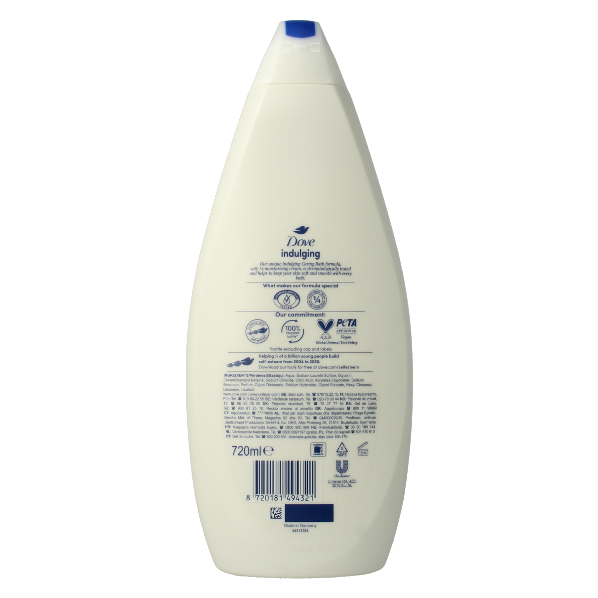 Dove Bad en Douche bottle, 720ml, with creamy white liquid, designed for nourishing skin during showering.