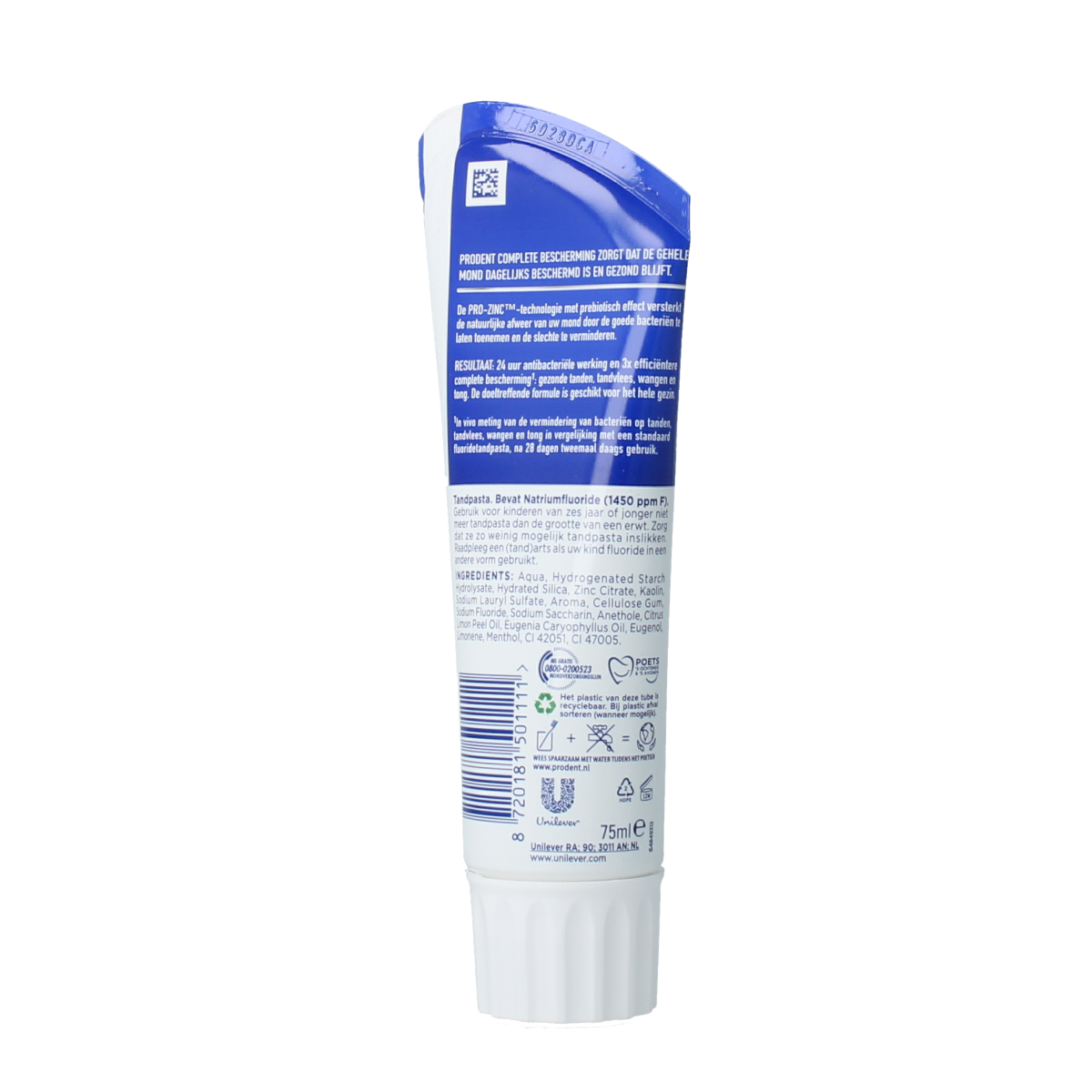 Prodent Complete Prevention toothpaste in 75ml tube with mint flavor, featuring fresh, bright packaging and a secure cap.