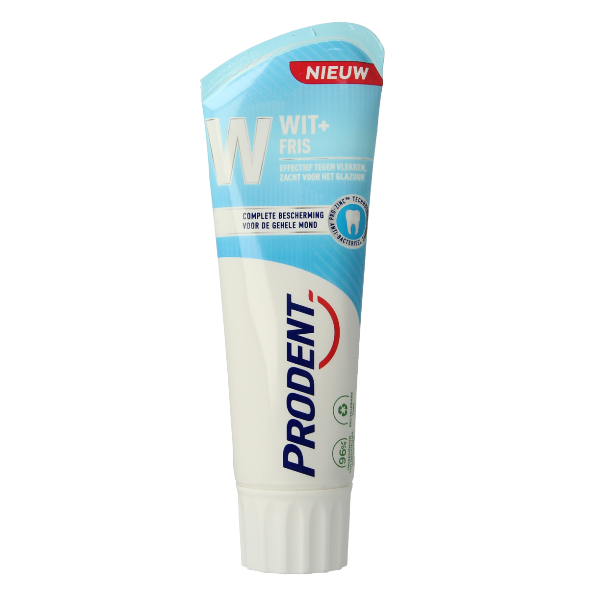 Prodent White + Strong toothpaste in 75ml tube showing the packaging with brand name and product details.