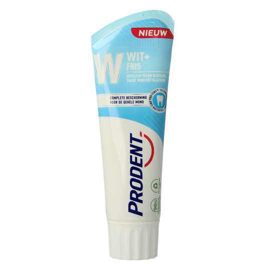 Prodent White + Strong toothpaste in 75ml tube showing the packaging with brand name and product details.