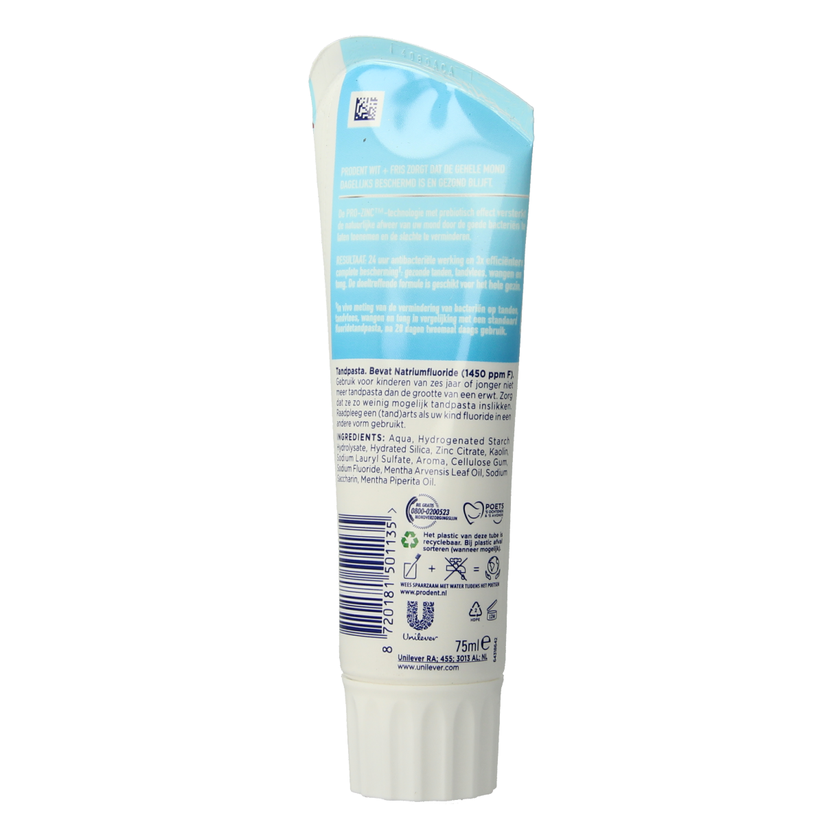 Prodent White + Strong toothpaste tube showing 75ml size and branding with a white and blue design.