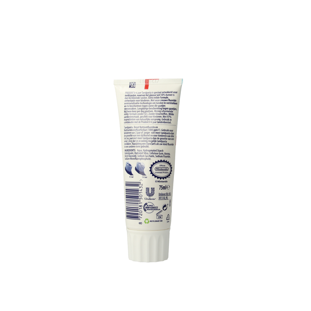 Prodent kids toothpaste for ages 0-6, 75ml tube with colorful packaging and cartoon characters for young children.