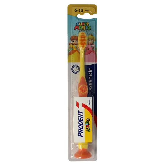 Prodent junior toothbrush for ages 6+ with soft bristles, designed for children's oral care, shown in the image.