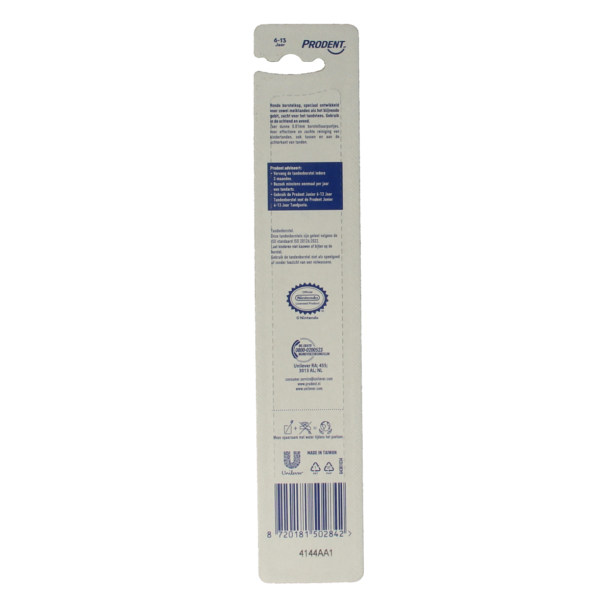 Prodent junior toothbrush for children 6+ years, showing a single pink and blue toothbrush with soft bristles.