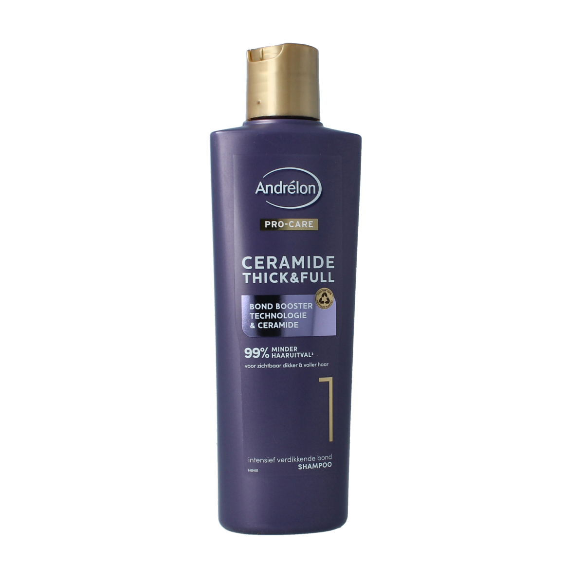 Andrelon Thick & Full Shampoo 250ml bottle with vibrant purple packaging for volumizing hair care.