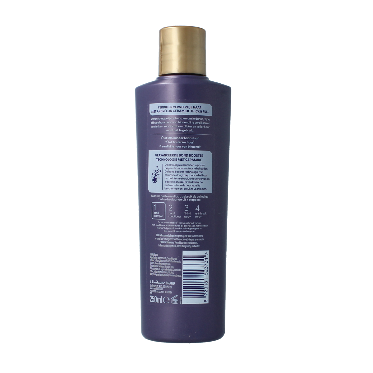 Andrelon Thick & Full Shampoo bottle, 250ml, with vibrant packaging, for volumizing and nourishing hair care.
