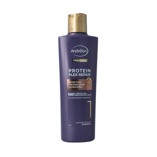 Andrelon Pro Care Protein Plex Repair shampoo bottle, 250ml, for hair repair and strengthening.