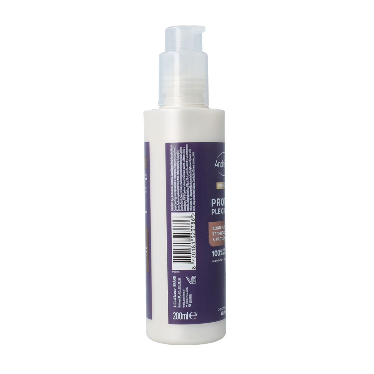 Andrelon Leave-In Pro Care Protein Plex Repair Haarverzorging, 200ml bottle with pump applicator, designed for hair repair.