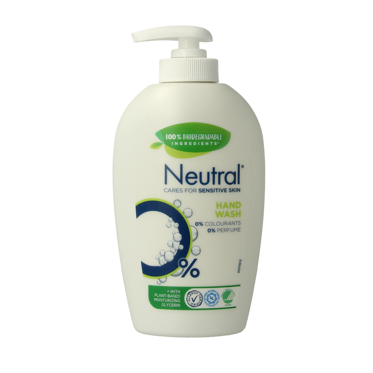 Neutral hand soap liquid in a 250ml bottle, handverzorging product with a pump dispenser, suitable for gentle hand cleansing.