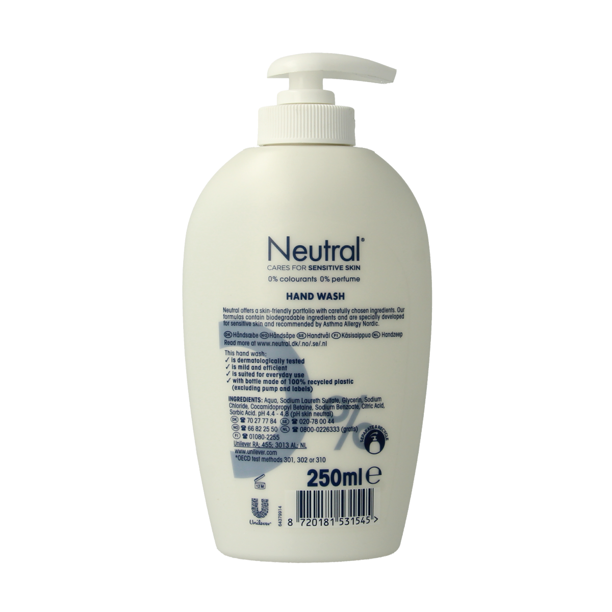 Neutral liquid hand soap in a 250ml bottle, gentle hand care product with a clear pump dispenser and minimalist design.
