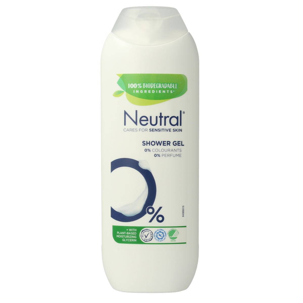 Neutral Douchegel 250ml bottle, gentle bad en douche product with white and blue packaging, suitable for daily use.
