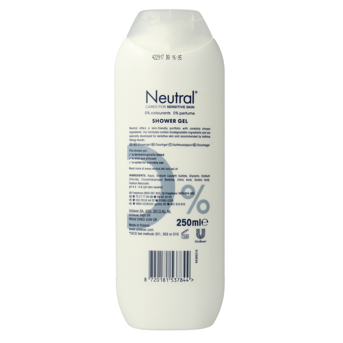 Neutral Douchegel 250ml bottle, gentle bad en douche product with a white and blue packaging design.